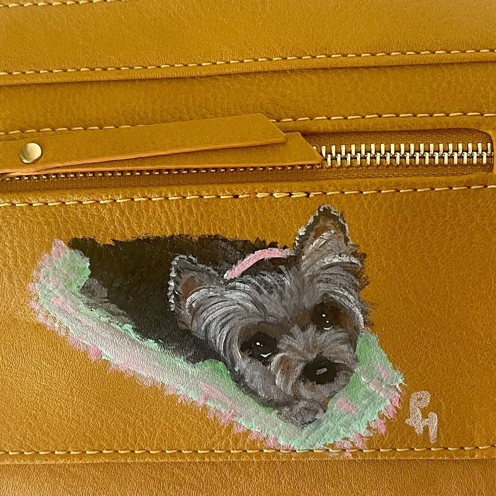 Mustard Yellow Wristlet Crossbody Hand Painted Yorkie Dog 3 Zip NWT